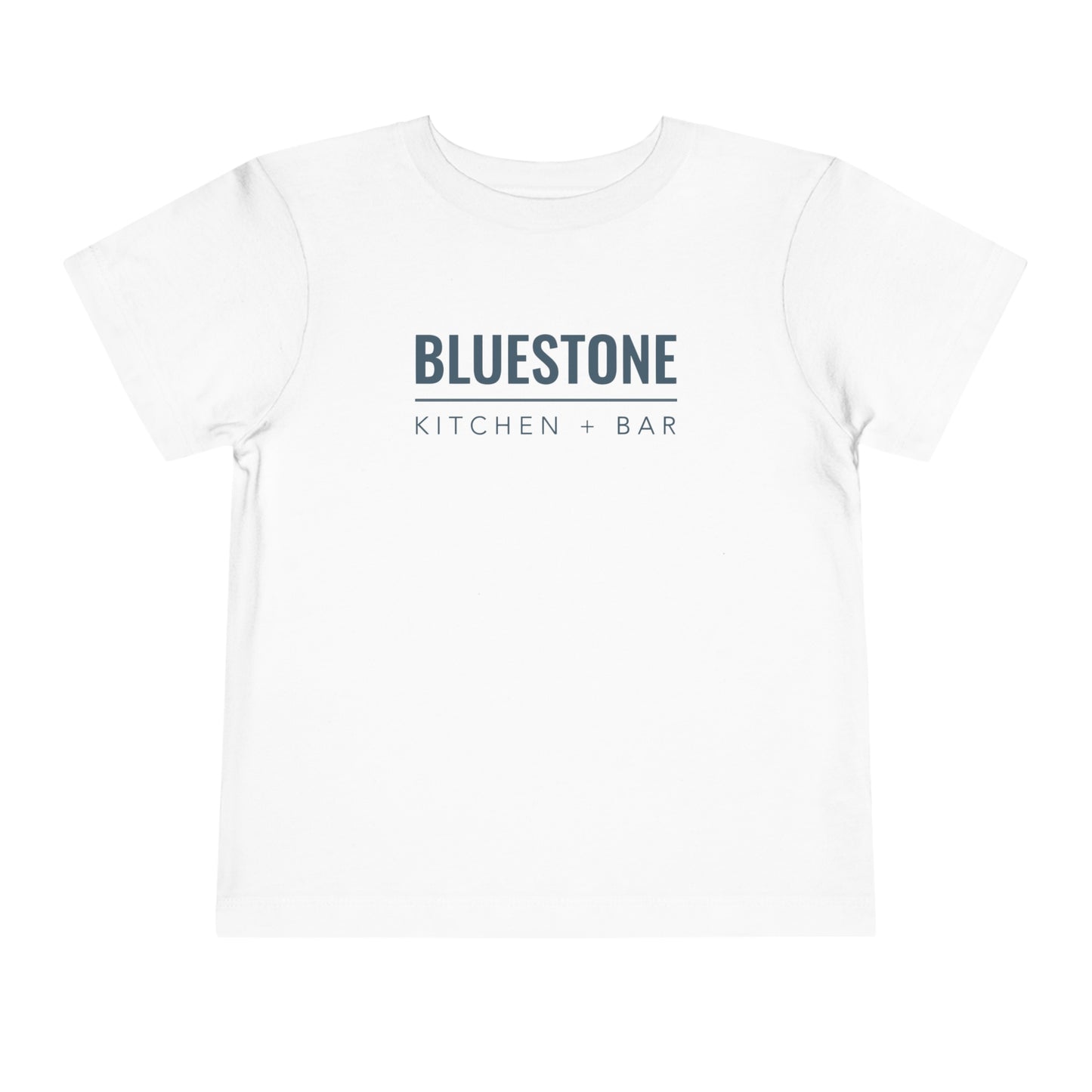 White toddler short sleeve tee made of soft cotton with Bluestone Kitchen + Bar logo printed on the chest.