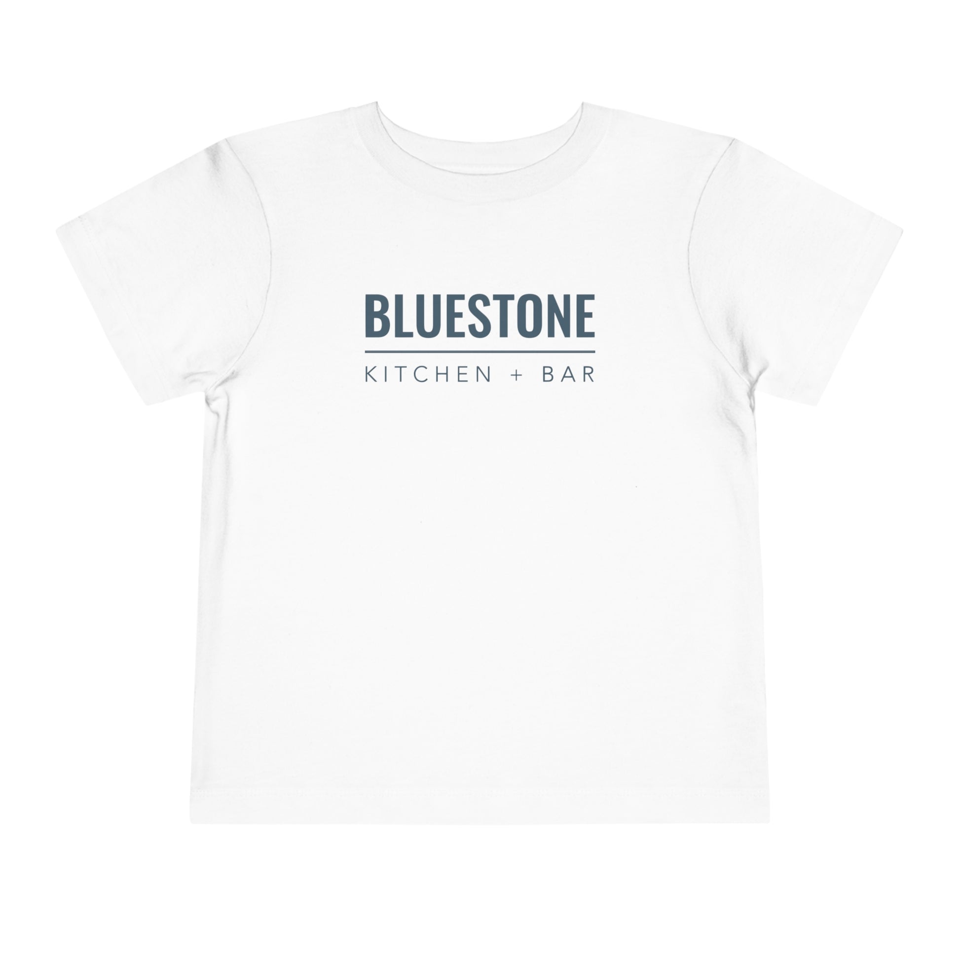 White toddler short sleeve tee made of soft cotton with Bluestone Kitchen + Bar logo printed on the chest.