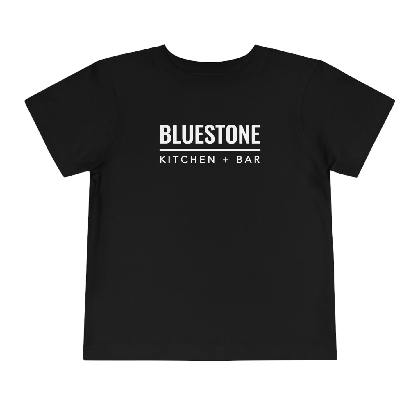 Black toddler short-sleeve cotton tee featuring a white Bluestone Kitchen + Bar logo graphic on the chest.