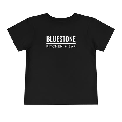 Black toddler short-sleeve cotton tee featuring a white Bluestone Kitchen + Bar logo graphic on the chest.