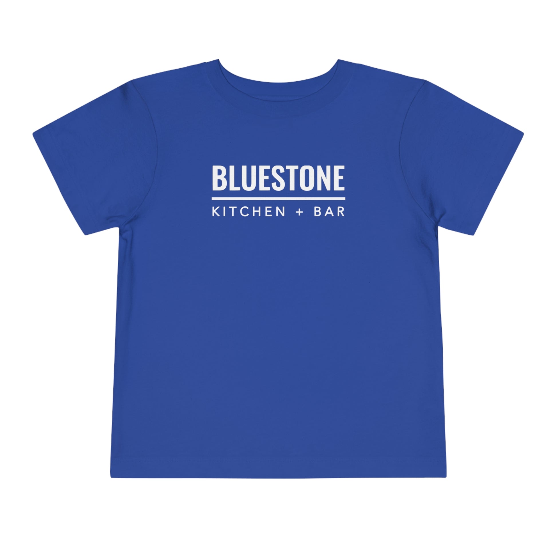 Bluestone toddler short sleeve tee in blue cotton with white Kitchen + Bar logo text on the front.