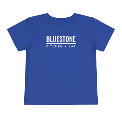 Bluestone toddler short sleeve tee in blue cotton with white Kitchen + Bar logo text on the front.