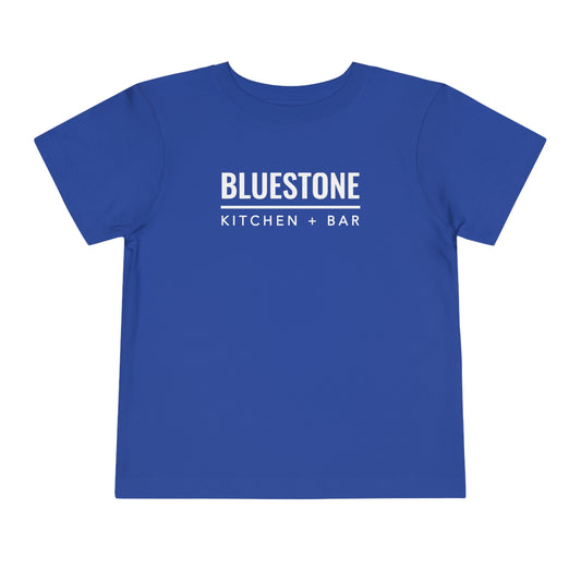 Bluestone toddler short sleeve tee in blue cotton with white Kitchen + Bar logo text on the front.