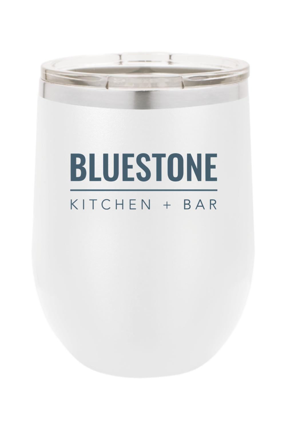 White insulated wine tumbler with a clear lid and Bluestone Kitchen + Bar logo on a stainless steel body.