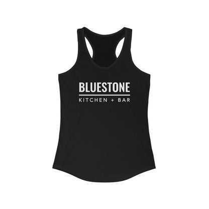 Black slim-fit women's racerback tank top featuring white Bluestone Kitchen + Bar logo text on the front.