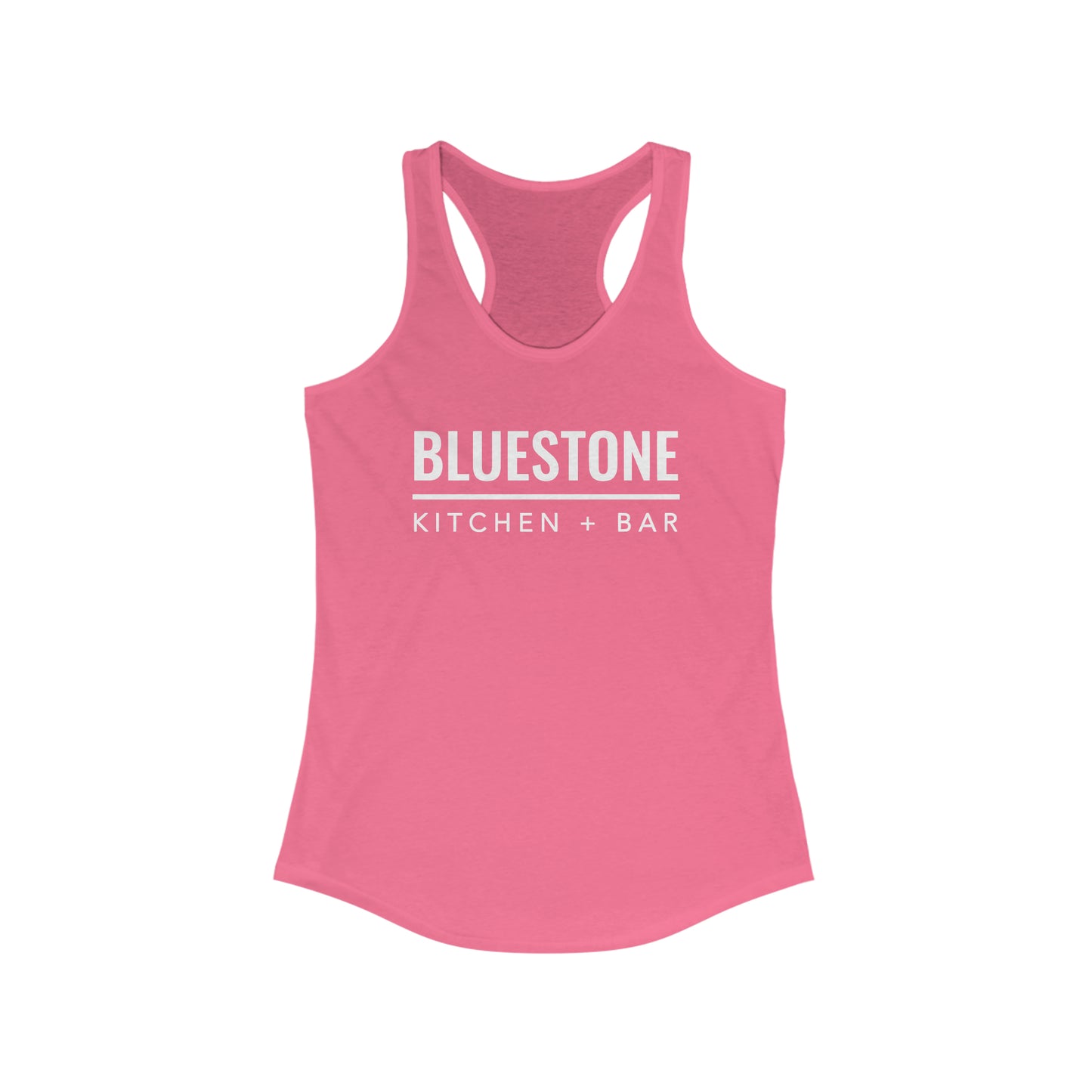 Pink slim-fit women's racerback tank top with white Bluestone Kitchen + Bar logo print.