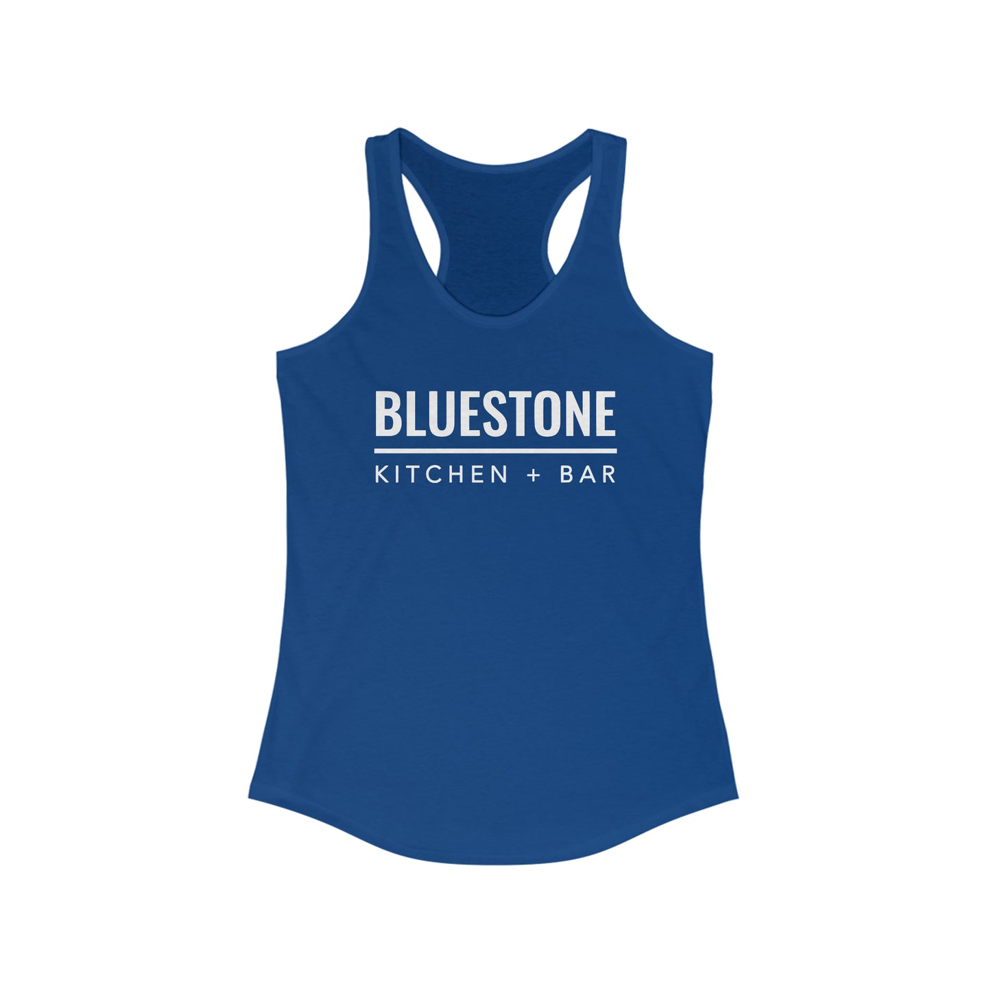 Blue slim-fit racerback tank top featuring white Bluestone Kitchen + Bar logo text on soft cotton-blend fabric.