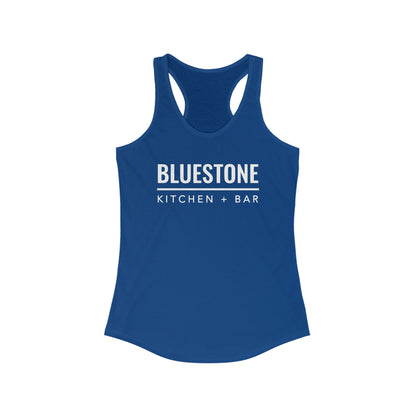 Blue slim-fit racerback tank top featuring white Bluestone Kitchen + Bar logo text on soft cotton-blend fabric.