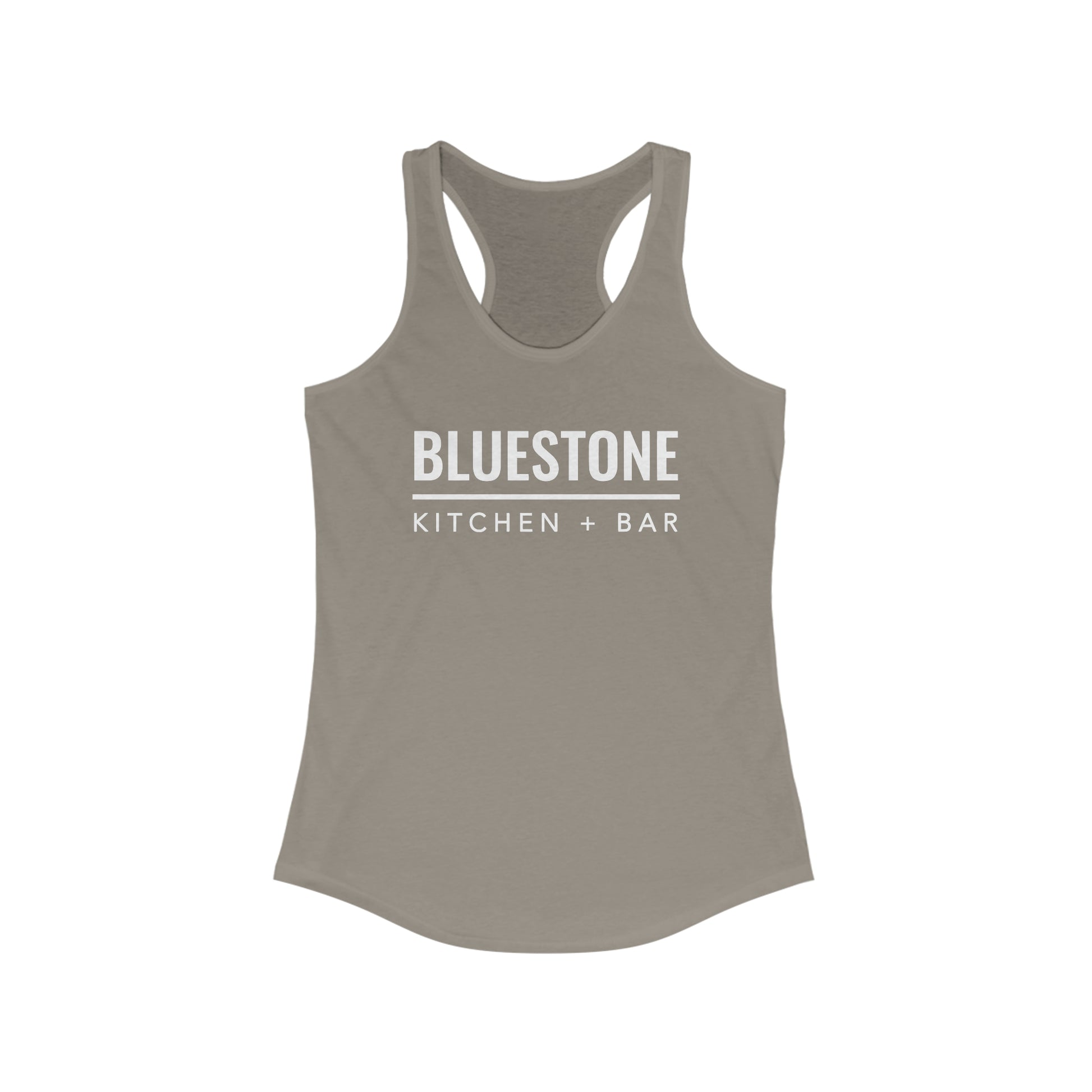 Slim-fit grey women's racerback tank top featuring white Bluestone Kitchen + Bar logo print.