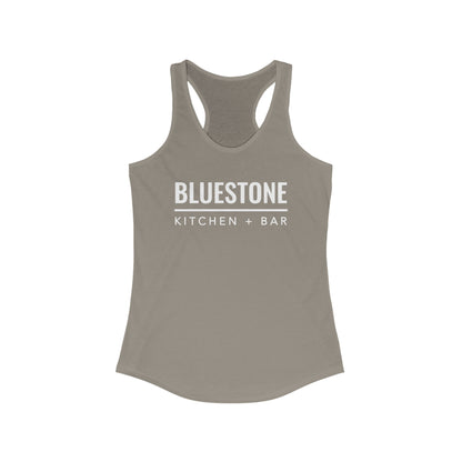 Slim-fit grey women's racerback tank top featuring white Bluestone Kitchen + Bar logo print.