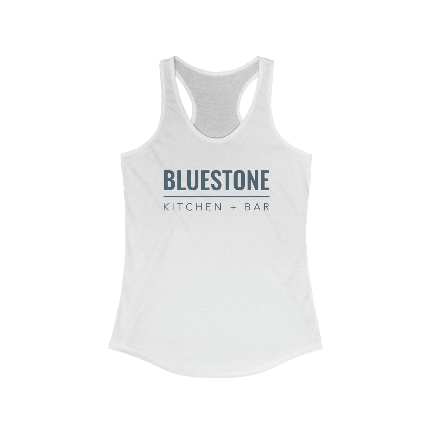 White slim-fit women's racerback tank top featuring a navy Bluestone Kitchen + Bar logo on the chest.