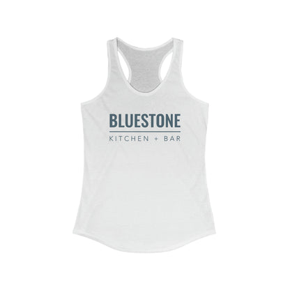 White slim-fit women's racerback tank top featuring a navy Bluestone Kitchen + Bar logo on the chest.