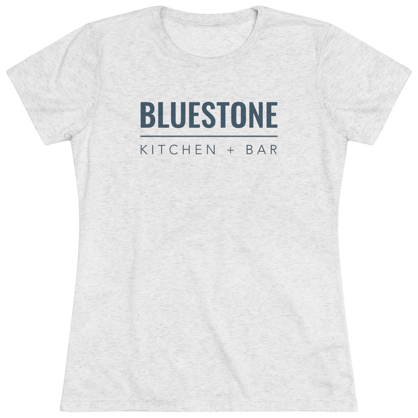Light grey heathered women's slim fit triblend tee featuring a dark blue Bluestone Kitchen + Bar logo print.
