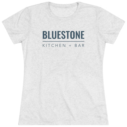 Light grey heathered women's slim fit triblend tee featuring a dark blue Bluestone Kitchen + Bar logo print.