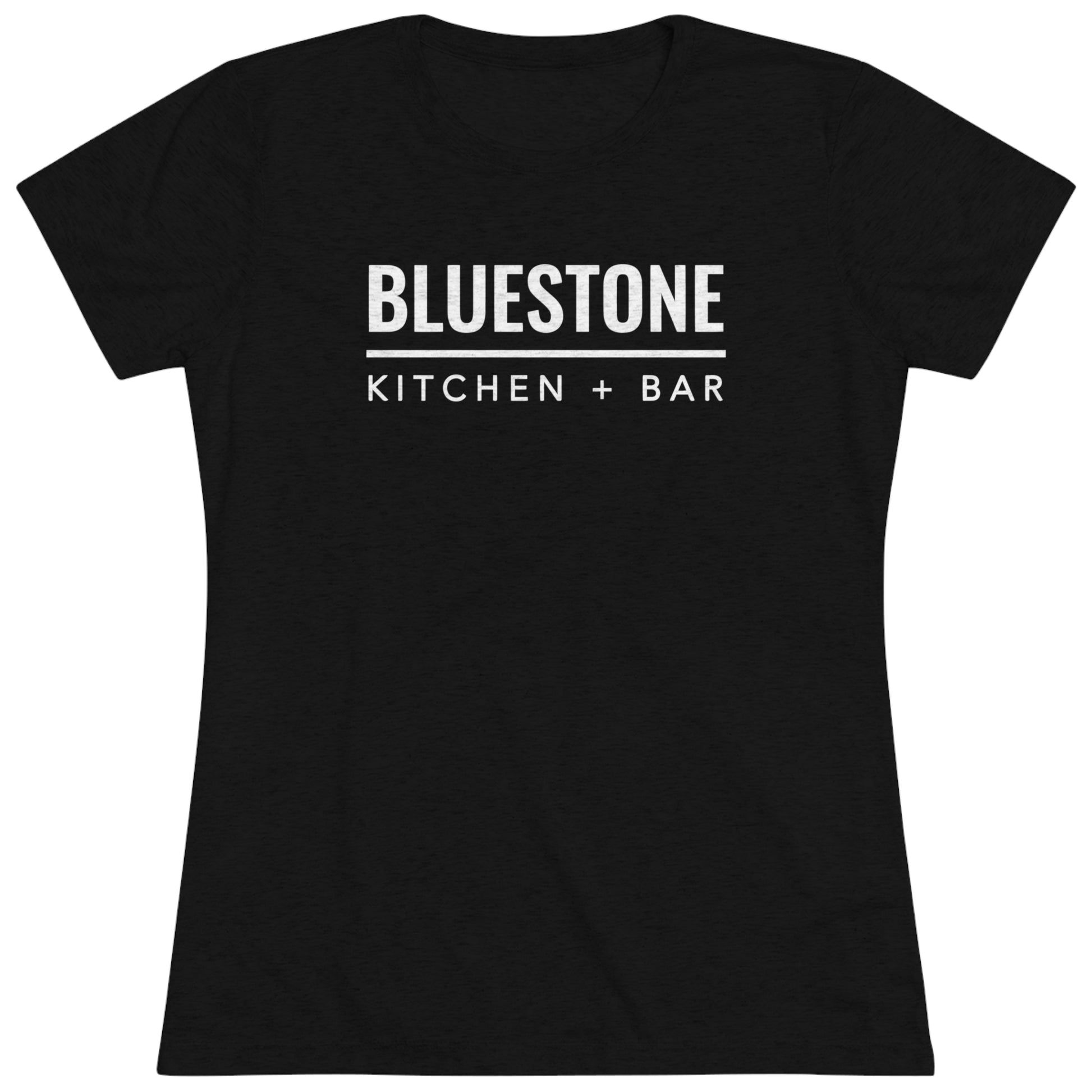 Black slim-fit women's triblend tee featuring a white Bluestone Kitchen + Bar logo graphic on the chest.