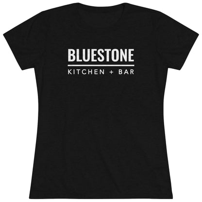 Black slim-fit women's triblend tee featuring a white Bluestone Kitchen + Bar logo graphic on the chest.