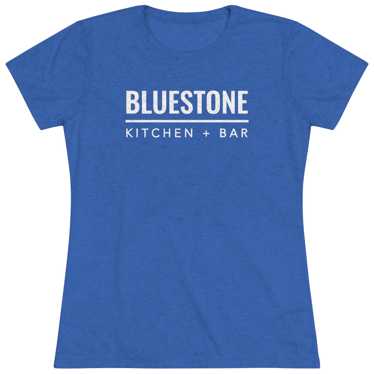 Slim-fit women's bluestone triblend tee with white Bluestone Kitchen + Bar logo graphic on the chest.
