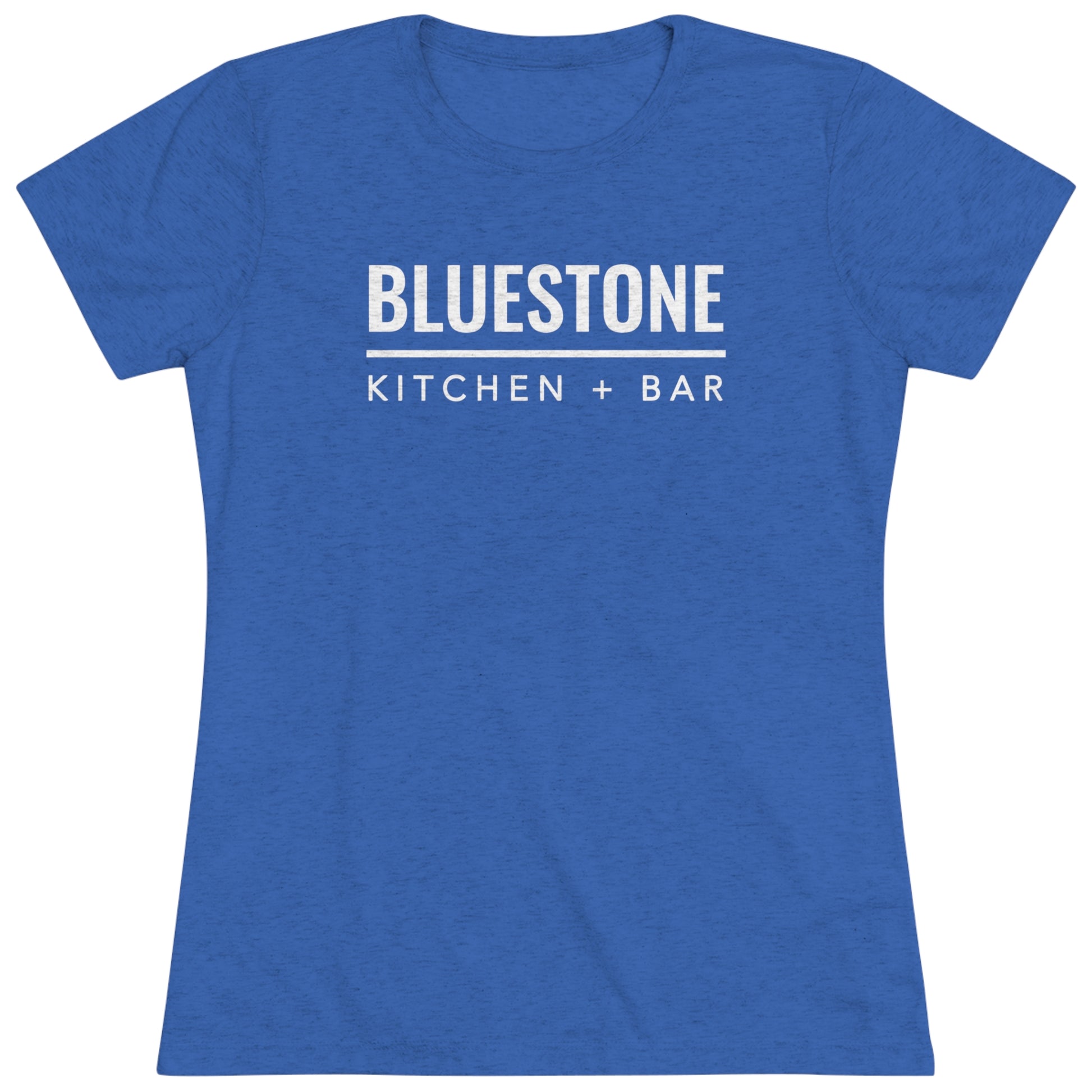 Slim-fit women's bluestone triblend tee with white Bluestone Kitchen + Bar logo graphic on the chest.