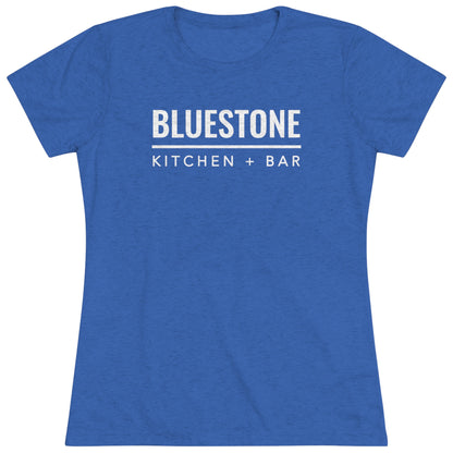 Slim-fit women's bluestone triblend tee with white Bluestone Kitchen + Bar logo graphic on the chest.
