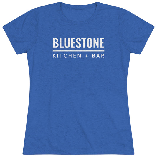 Slim-fit women's bluestone triblend tee with white Bluestone Kitchen + Bar logo graphic on the chest.