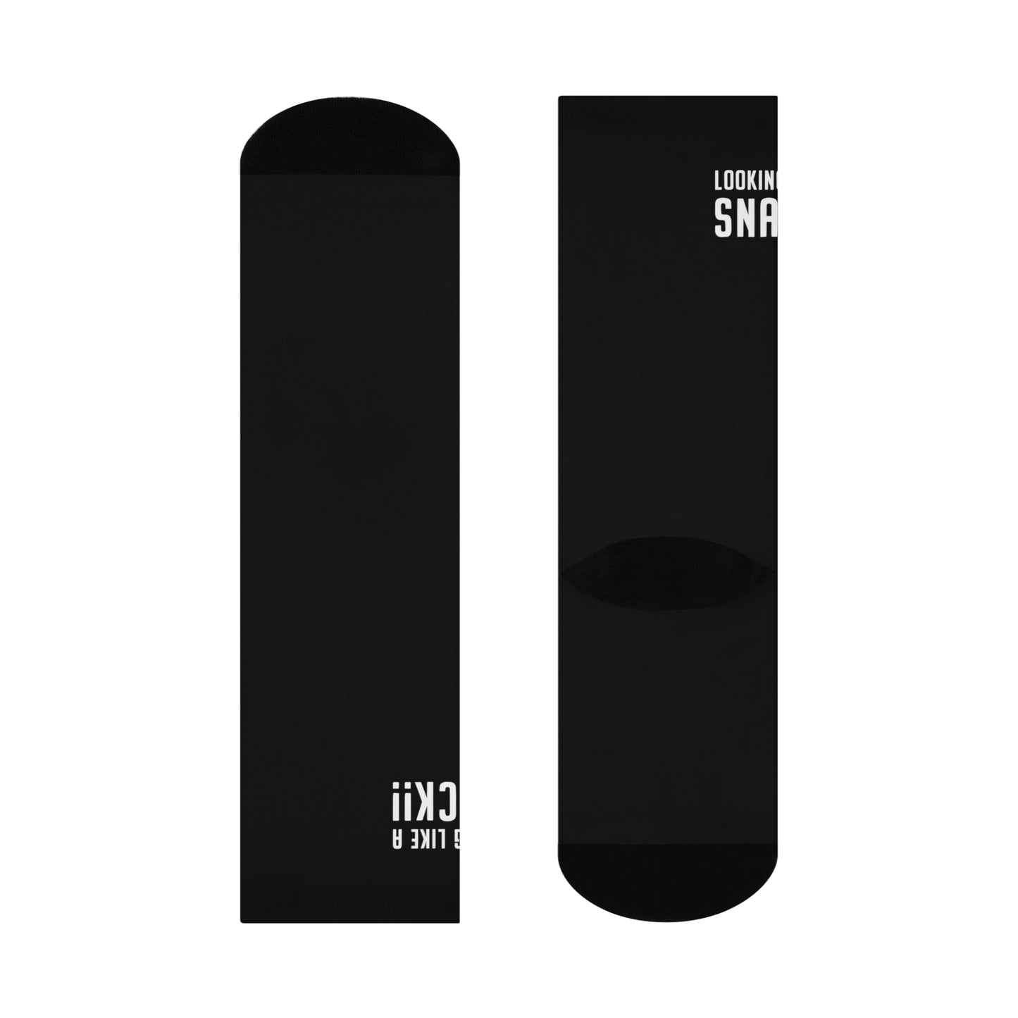Black crew socks with white text reading Looking Snack, featuring a cushioned knit design for sizes up to men's 12.
