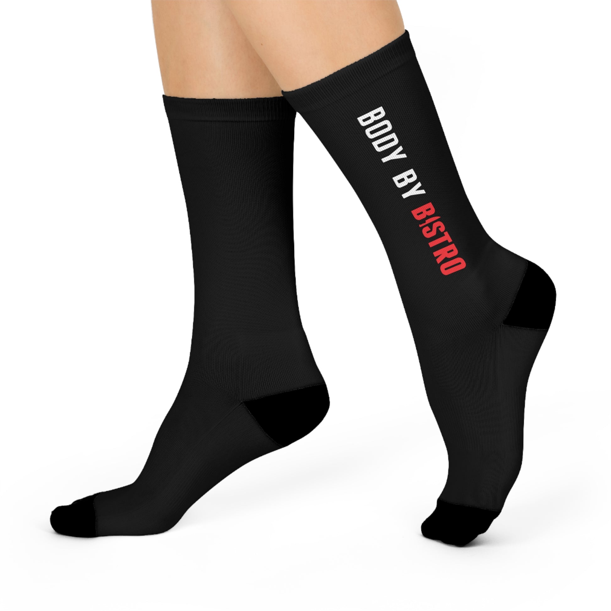 Black crew socks with Body By Bistro text, featuring cushioned heels and toes, fits sizes US 5 to 12.