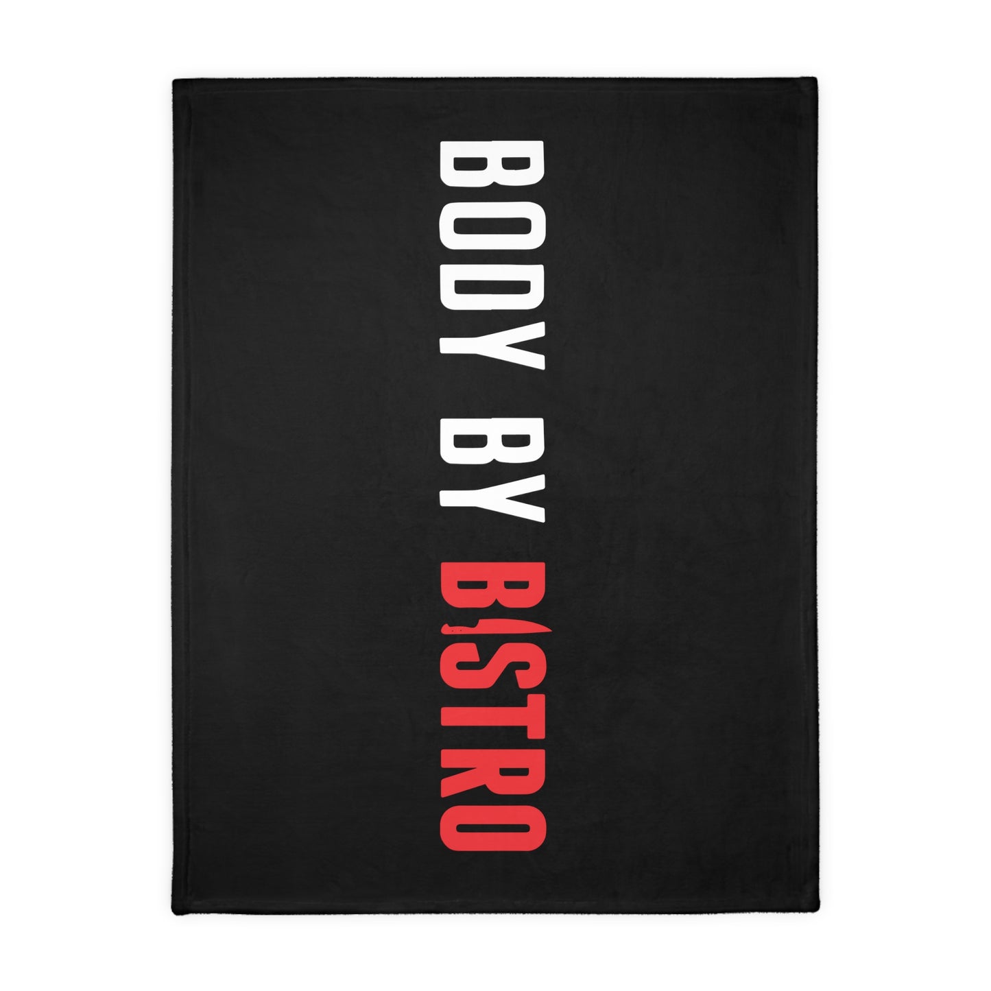 Soft black velveteen minky blanket with vertical white and red Body by Bistro text and a stitched edge.