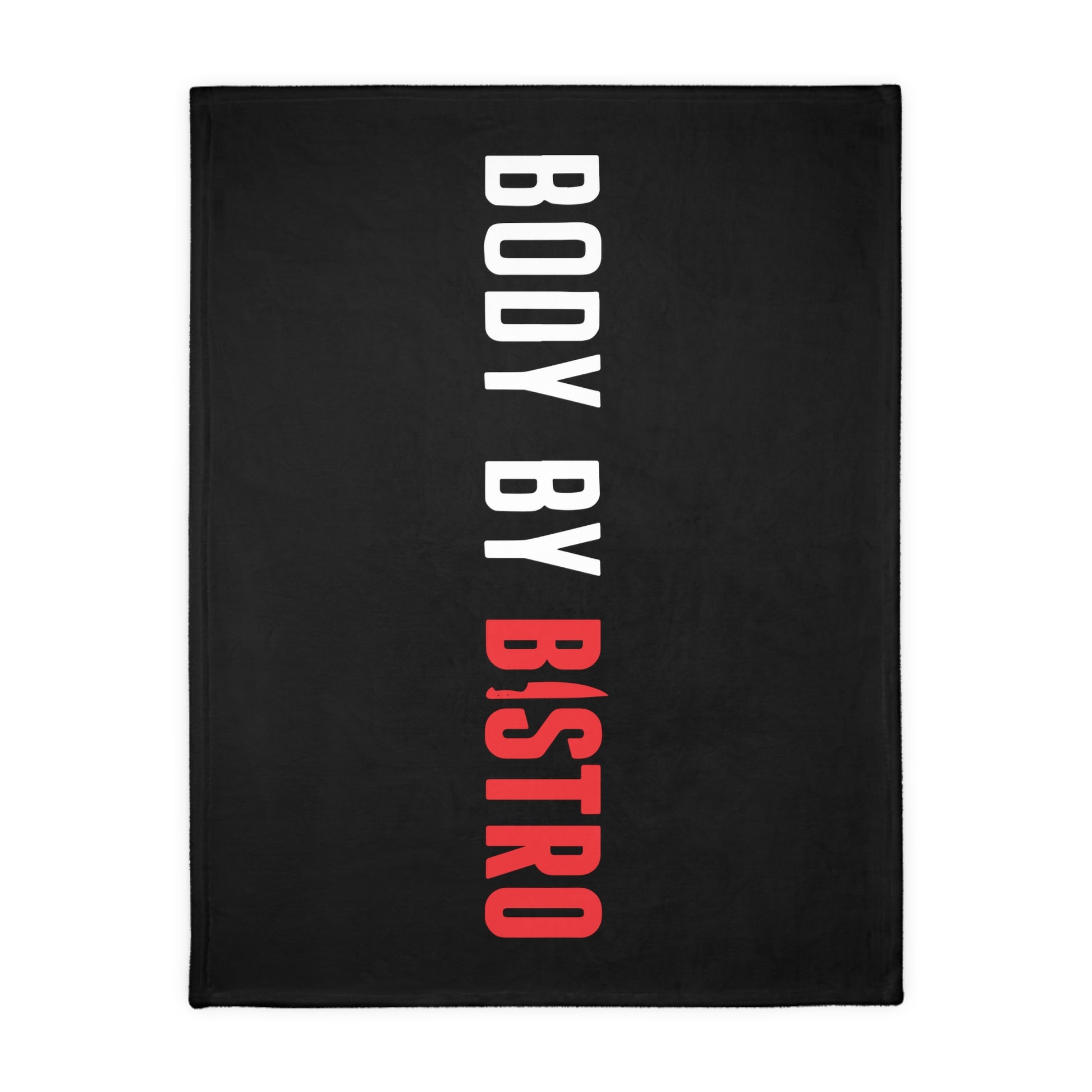 Soft black velveteen minky blanket with vertical white and red Body by Bistro text and a stitched edge.