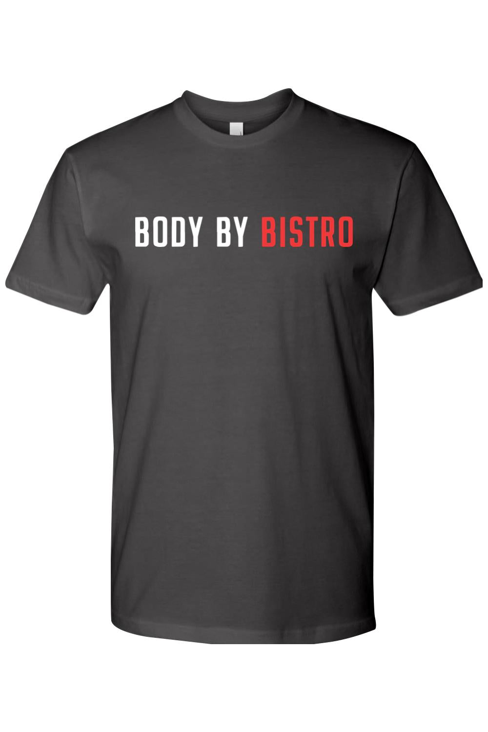 Charcoal grey cotton crewneck t-shirt featuring Body by Bistro text in white and red lettering.