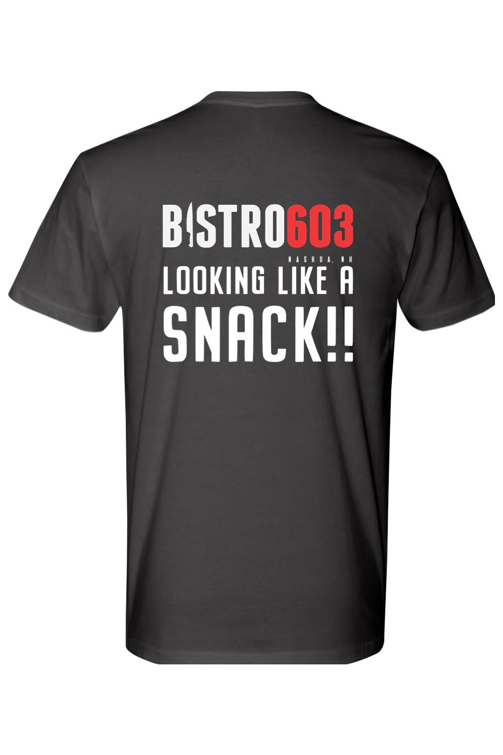 Black cotton crewneck tee featuring Bistro603 Looking Like A Snack graphic print on the back.