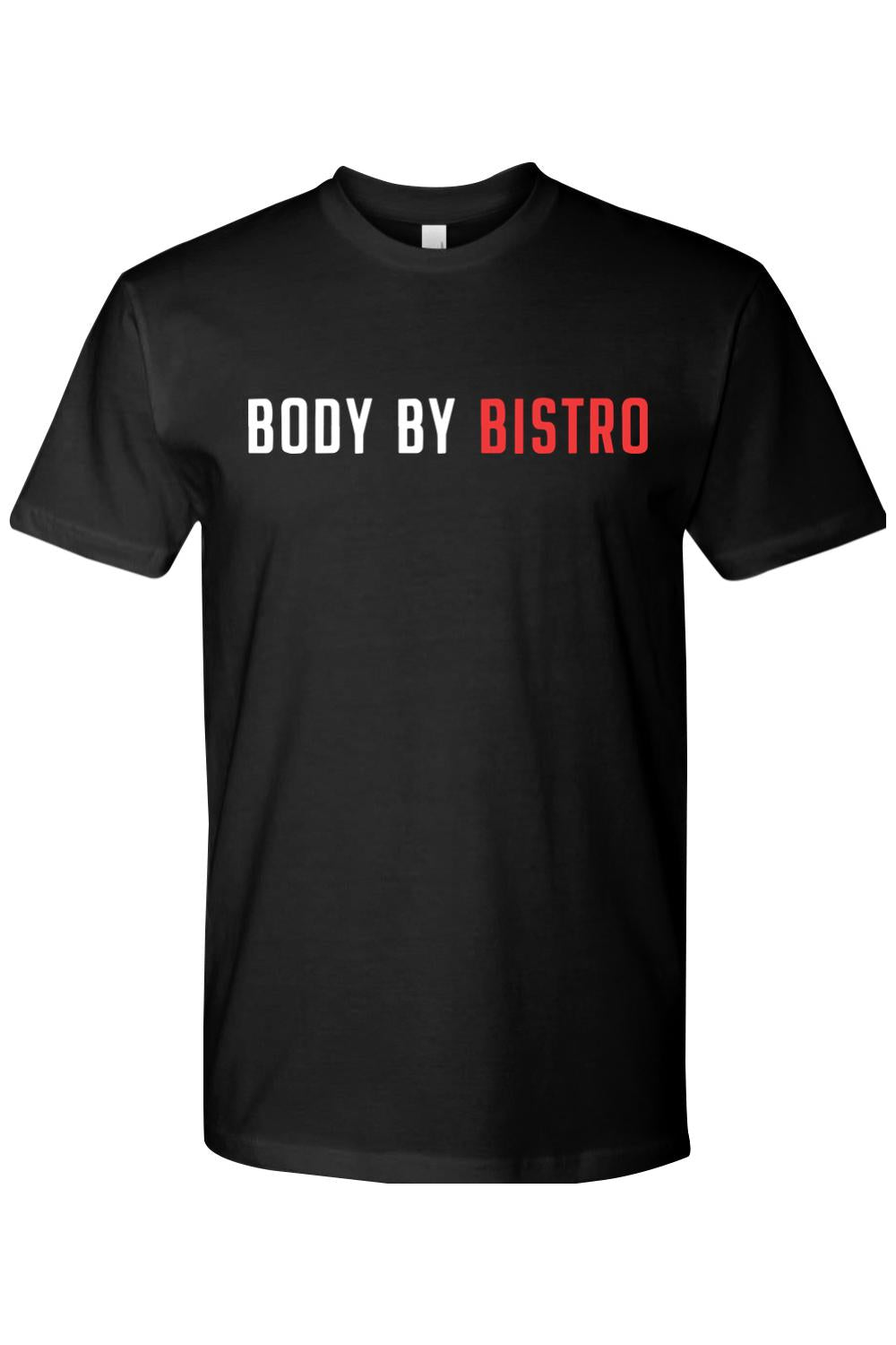 Black short-sleeve cotton crewneck tee featuring Body by Bistro text in white and red lettering.