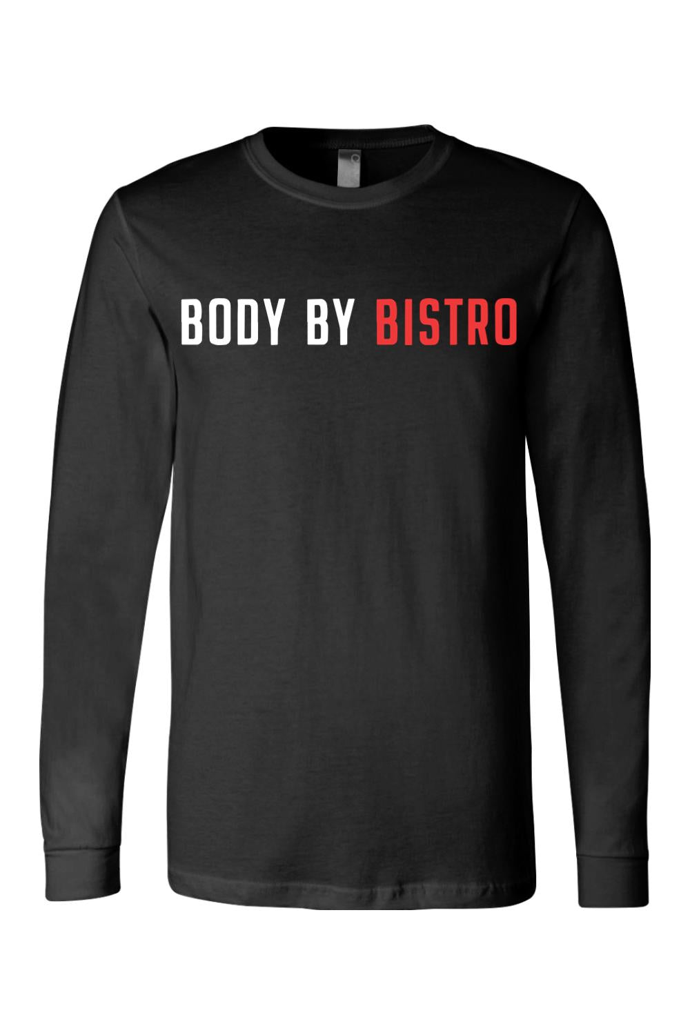 Black long-sleeve jersey cotton tee featuring Body by Bistro text in white and red lettering on the chest.