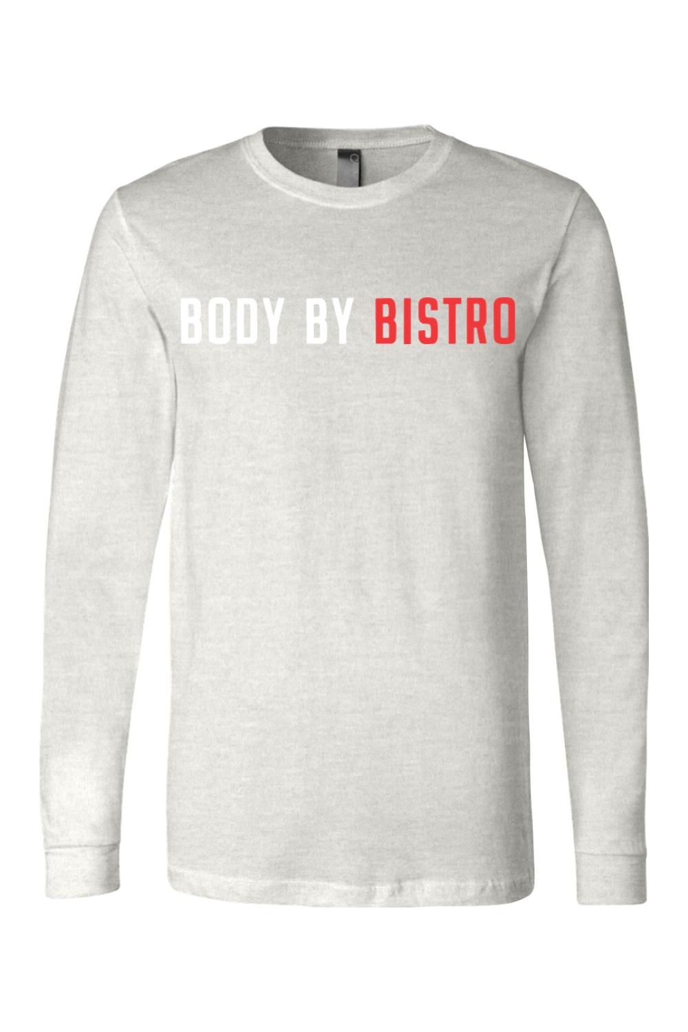 Light gray long sleeve cotton jersey tee with white and red Body by Bistro graphic print on the chest.