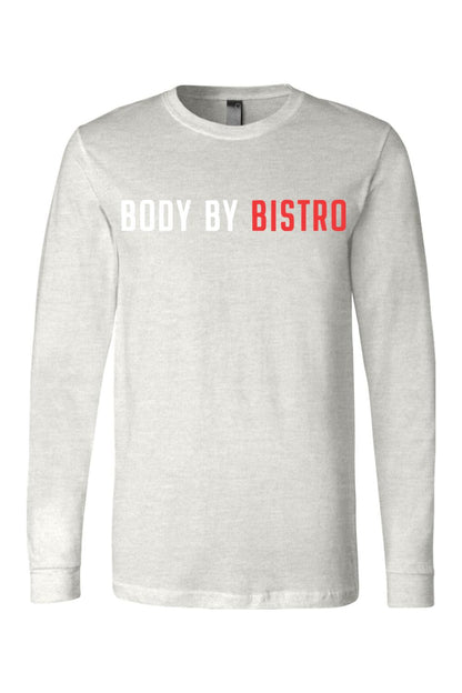 Light gray long sleeve cotton jersey tee with white and red Body by Bistro graphic print on the chest.