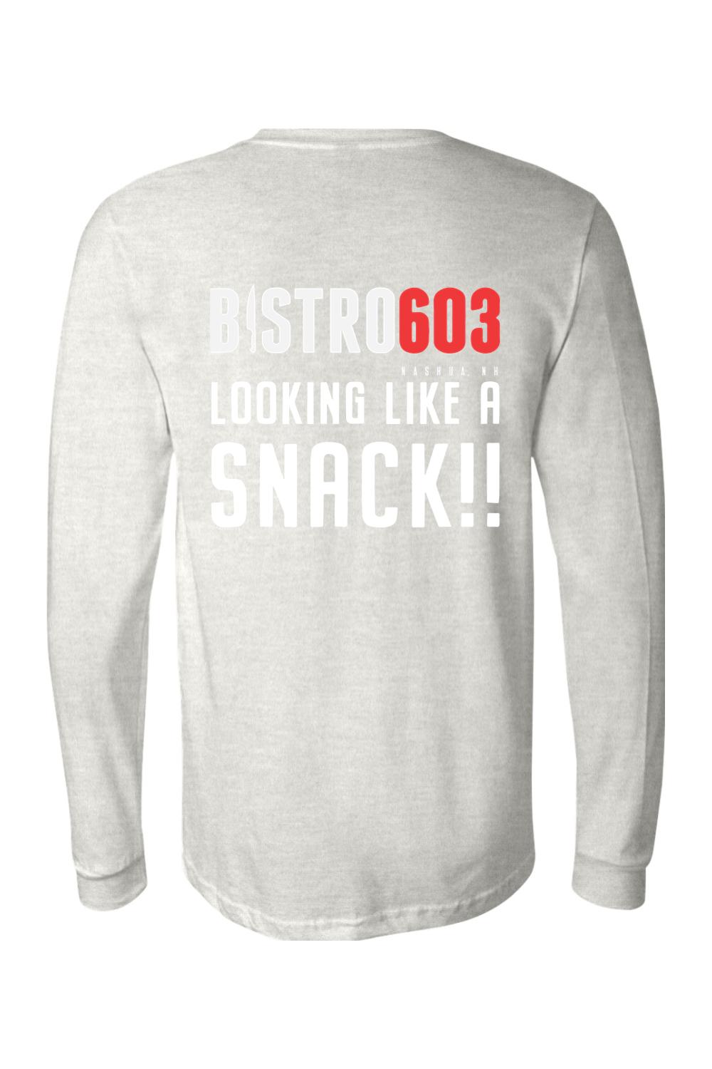 Light gray long sleeve jersey tee featuring the Bistro603 logo and Looking Like a Snack text on the back.