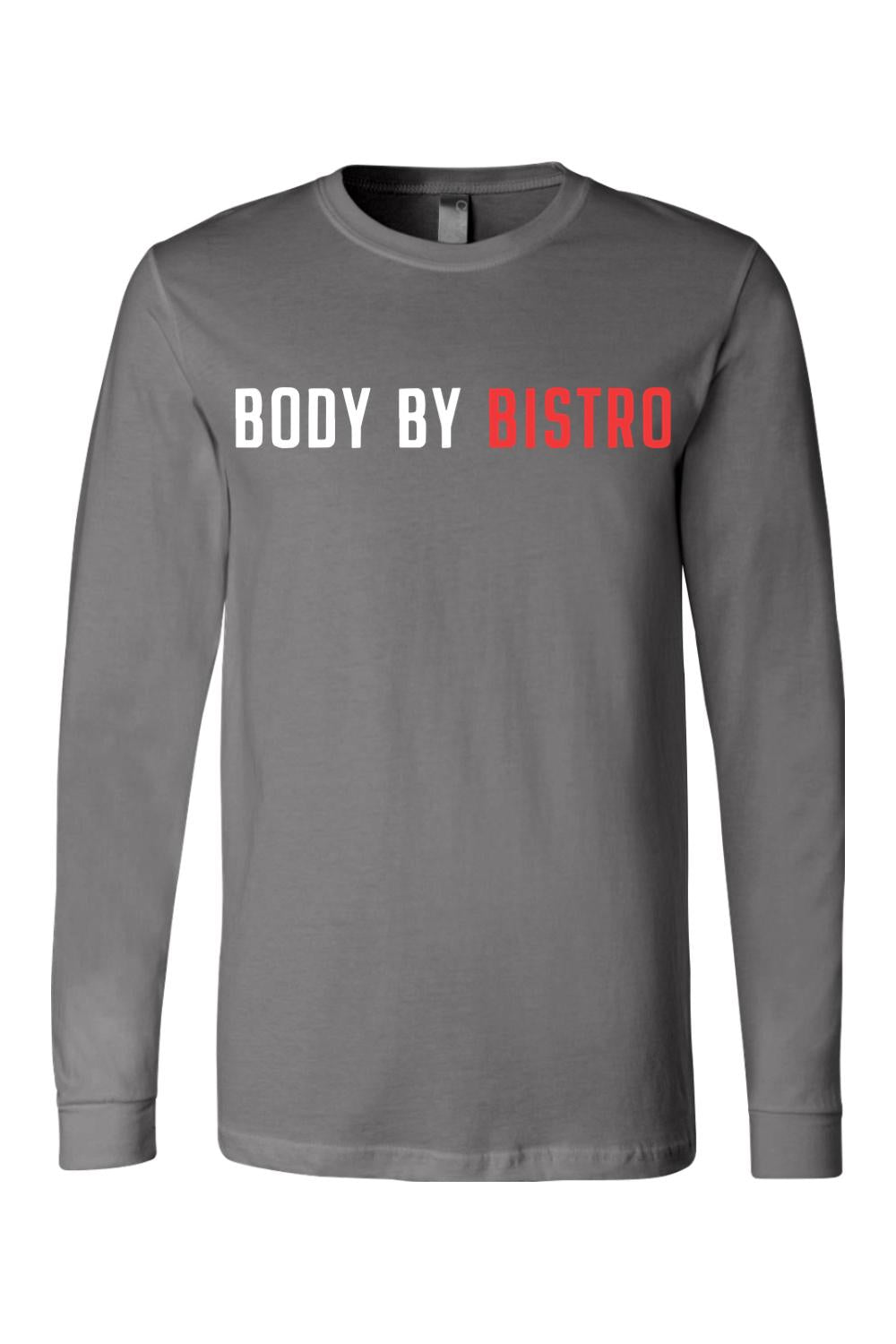 Grey long-sleeve cotton jersey tee featuring white and red Body by Bistro text graphic on the chest.