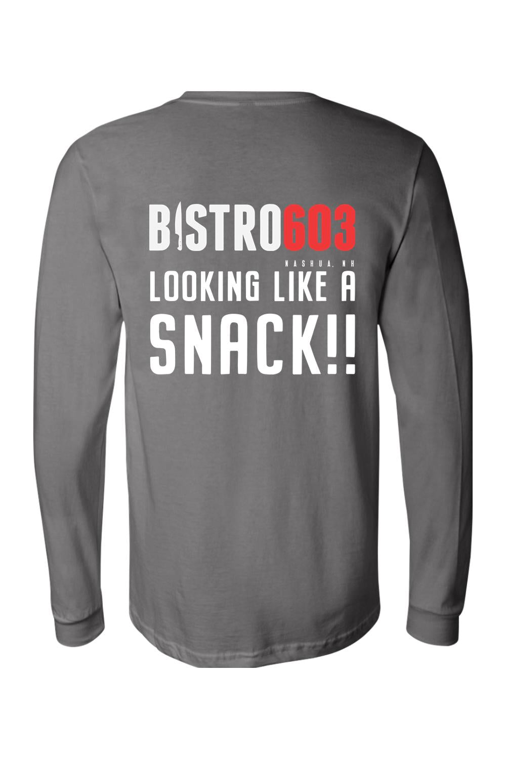 Grey long-sleeve cotton jersey tee featuring the Bistro603 Looking Like a Snack logo printed on the back.