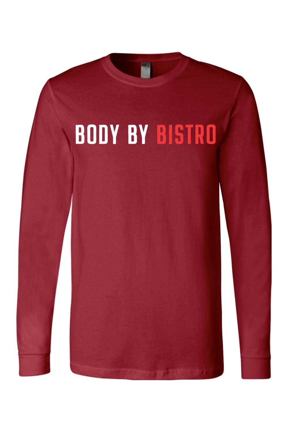 Dark red long-sleeve cotton jersey tee featuring Body by Bistro text in white and red on the chest.