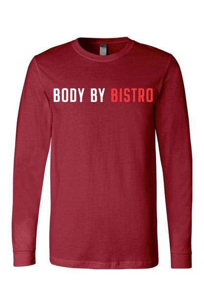 Dark red long-sleeve cotton jersey tee featuring Body by Bistro text in white and red on the chest.