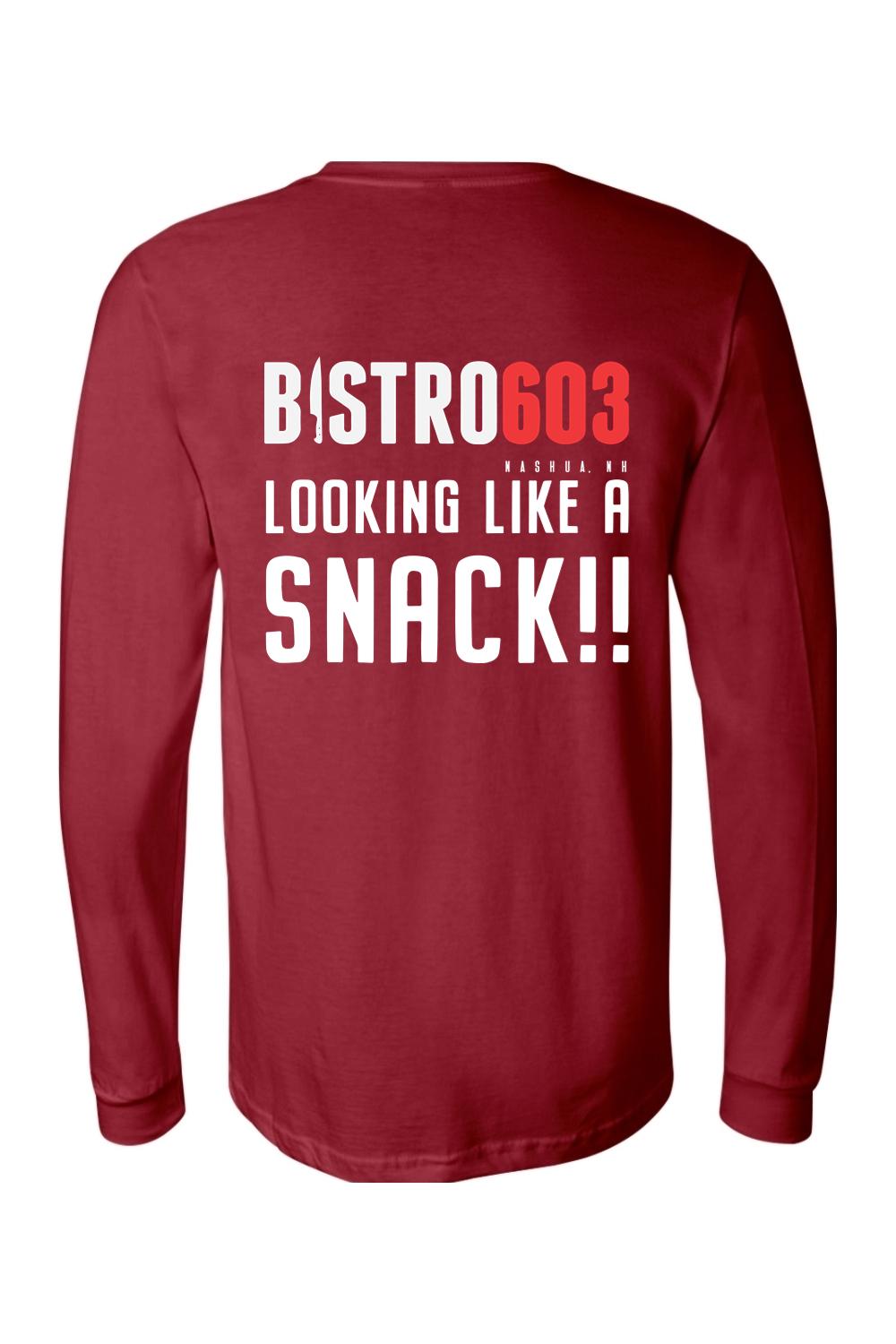 Maroon long-sleeve cotton jersey tee featuring white Bistro603 Looking Like A Snack text on the back.