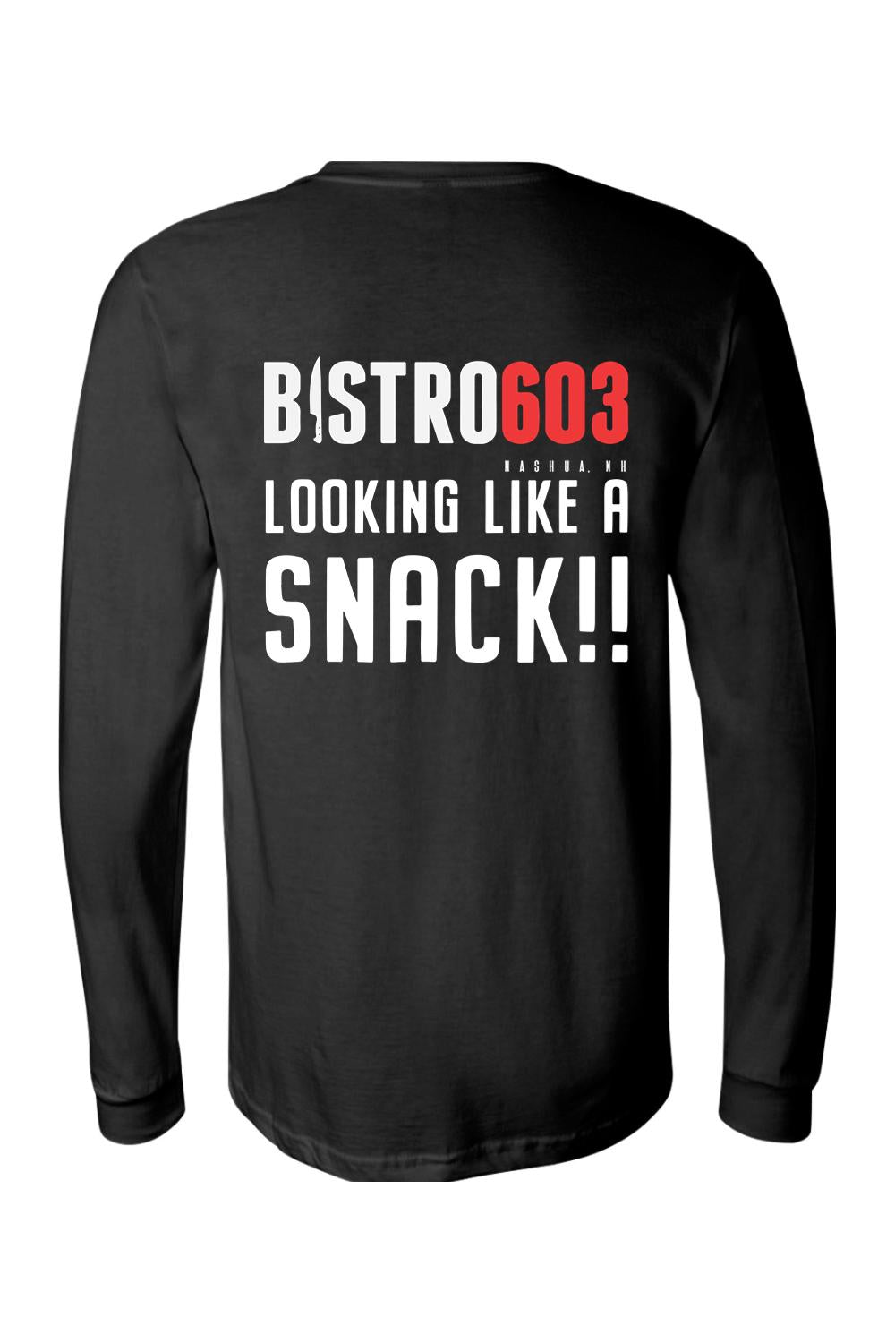 Black long-sleeve cotton jersey tee featuring white and red Bistro603 Looking Like A Snack graphic on the back.