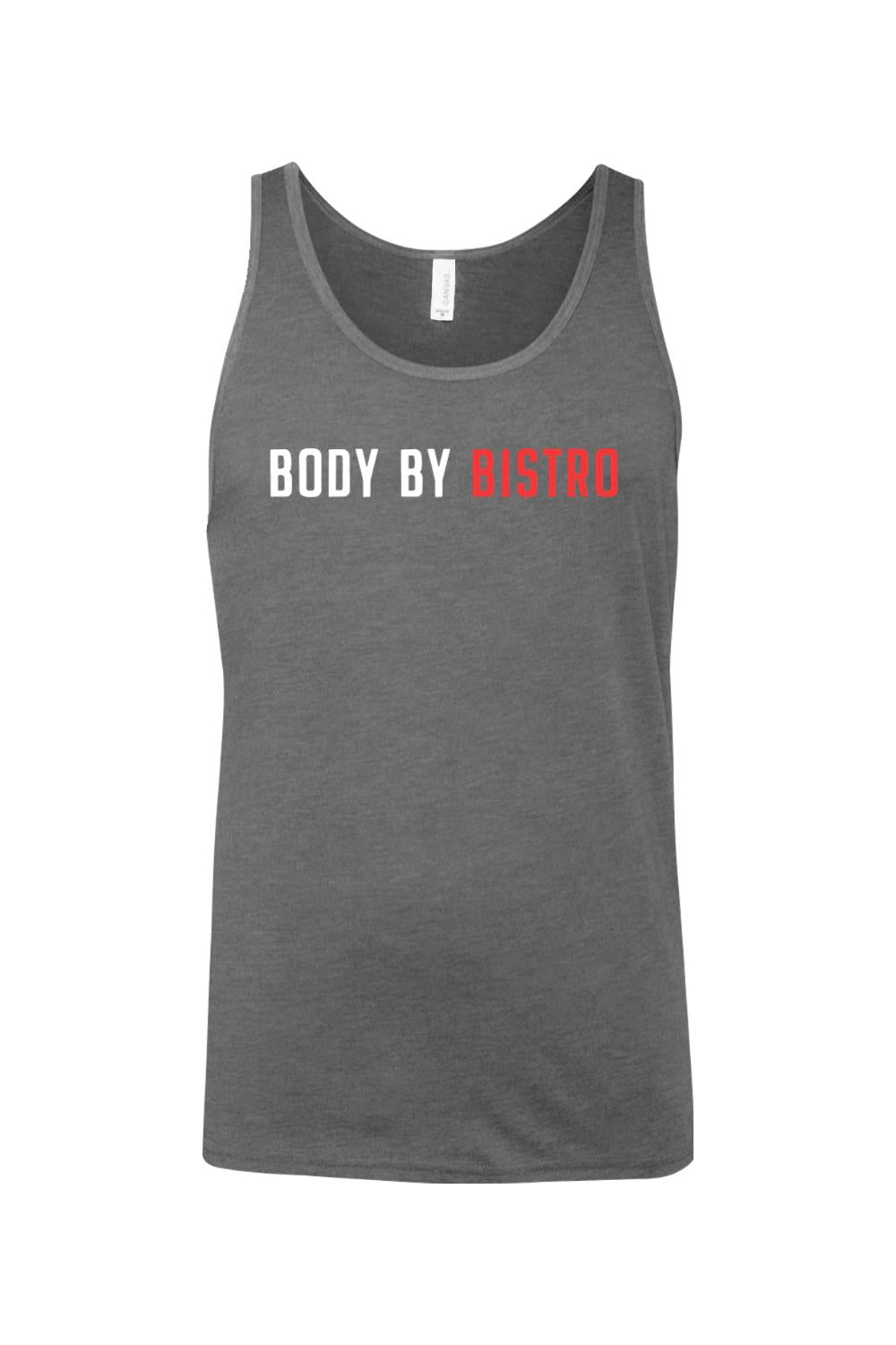Dark grey cotton jersey tank top featuring white and red Body by Bistro text graphic on the chest.