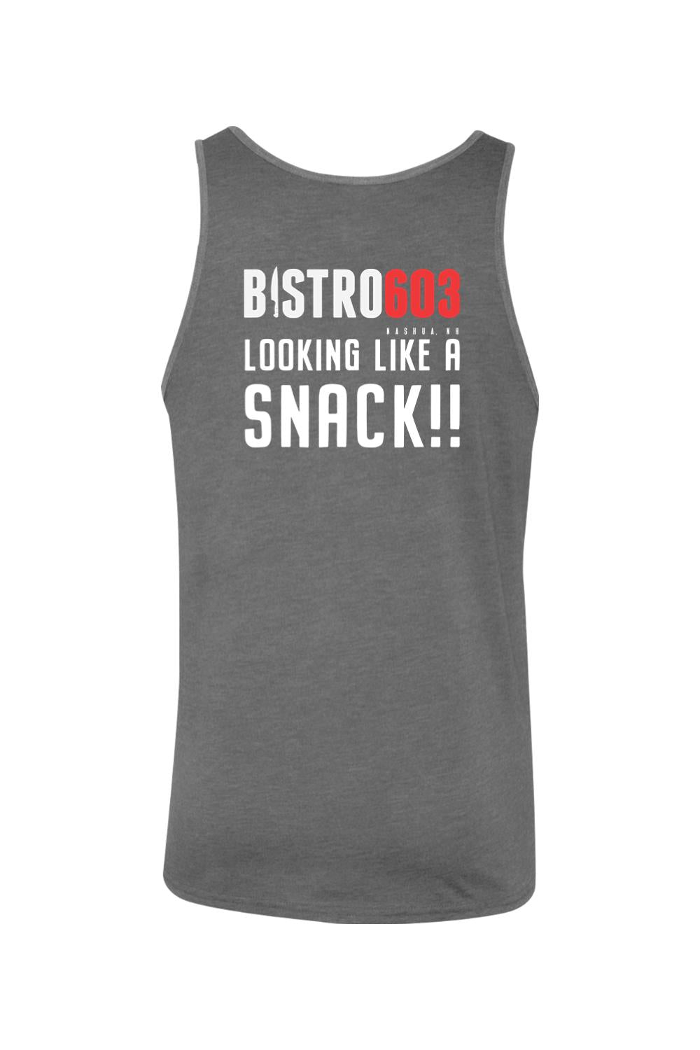 Grey cotton jersey tank top featuring the white and red Bistro603 Looking Like A Snack graphic print.