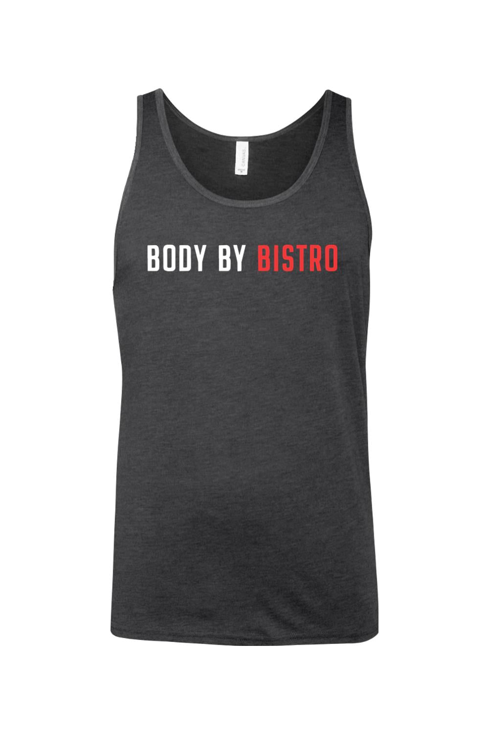 Dark gray cotton jersey tank top with Body by Bistro text in white and red.