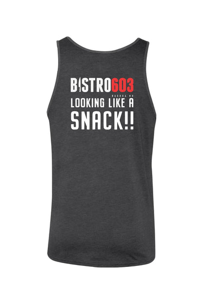 Dark gray cotton jersey tank top featuring the white and red Bistro603 Looking Like a Snack graphic print.