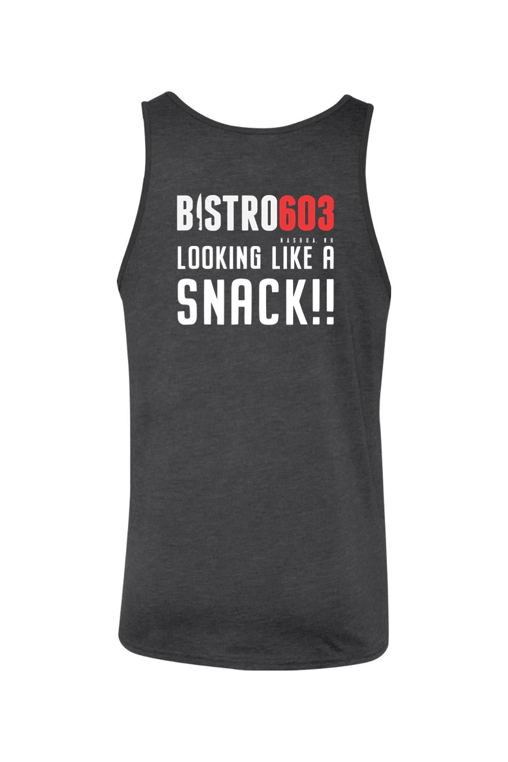 Dark gray cotton jersey tank top featuring white and red Bistro603 Looking Like a Snack graphic print.