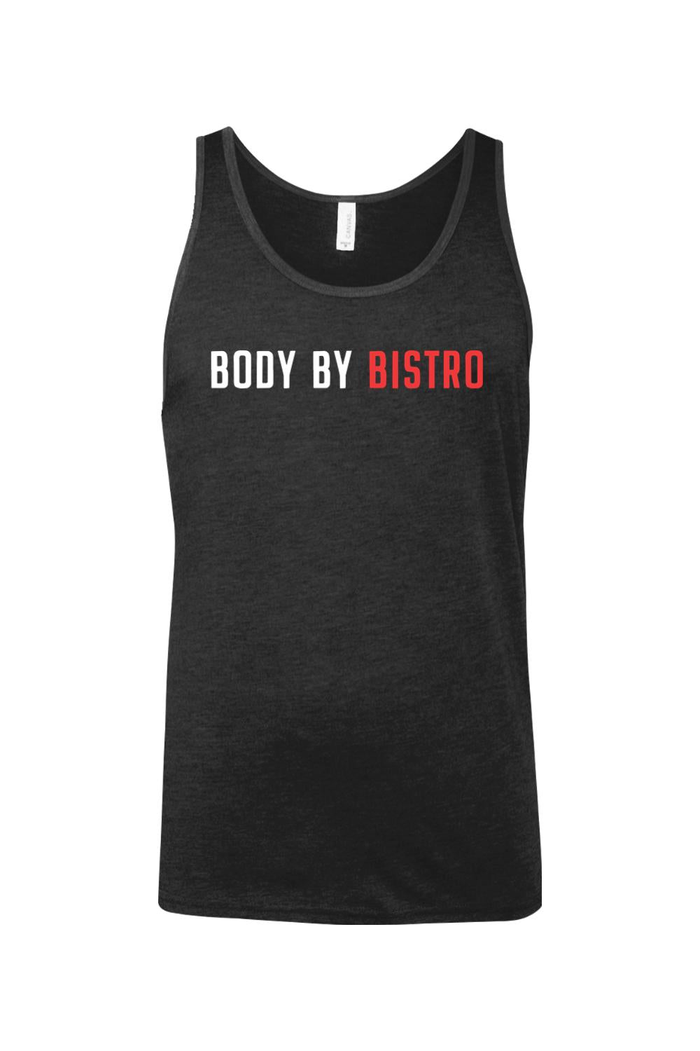 Black heather cotton jersey tank top featuring Body by Bistro text in white and red lettering.