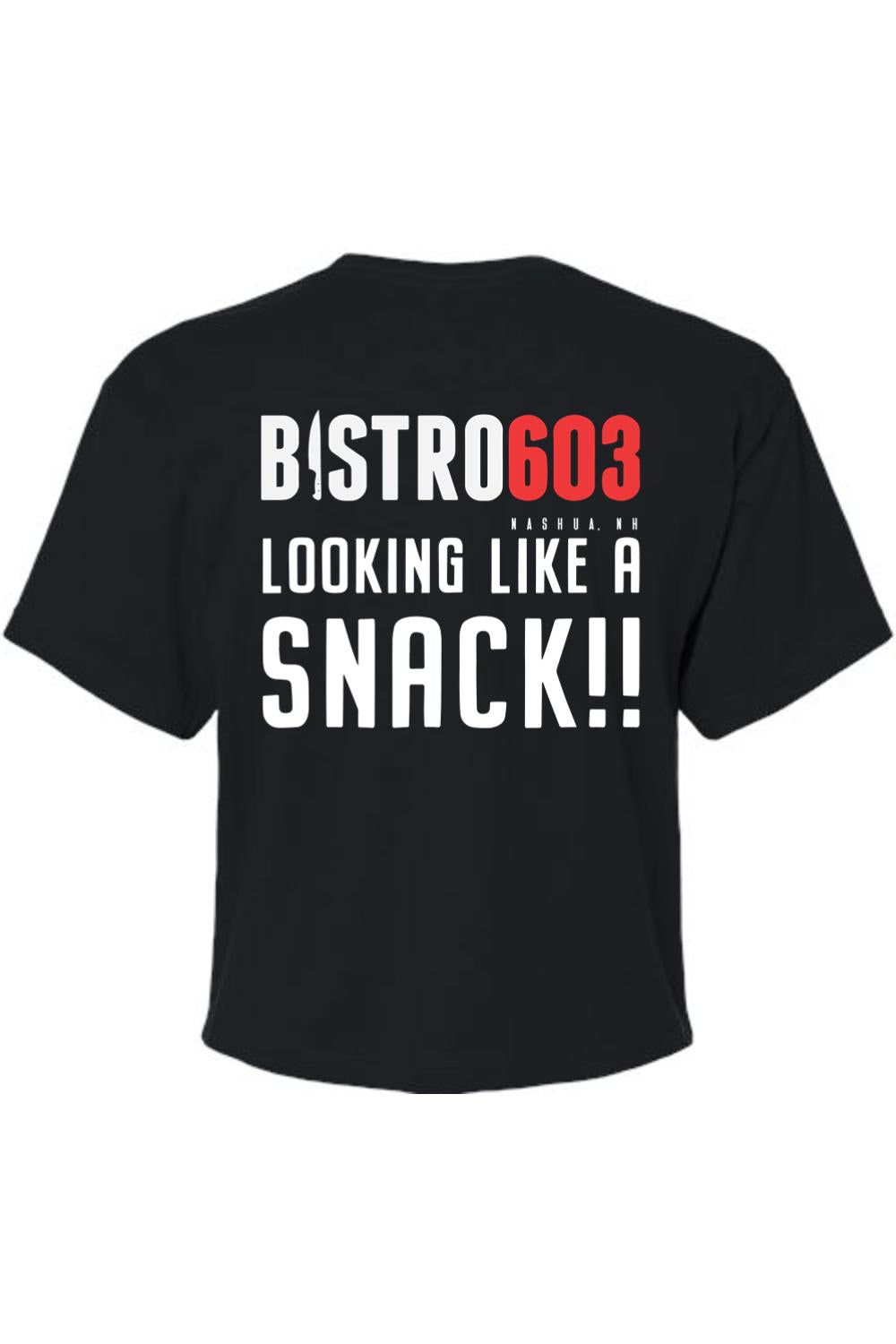 Black cropped cotton tee featuring the white and red Bistro603 Looking Like a Snack graphic on the back.