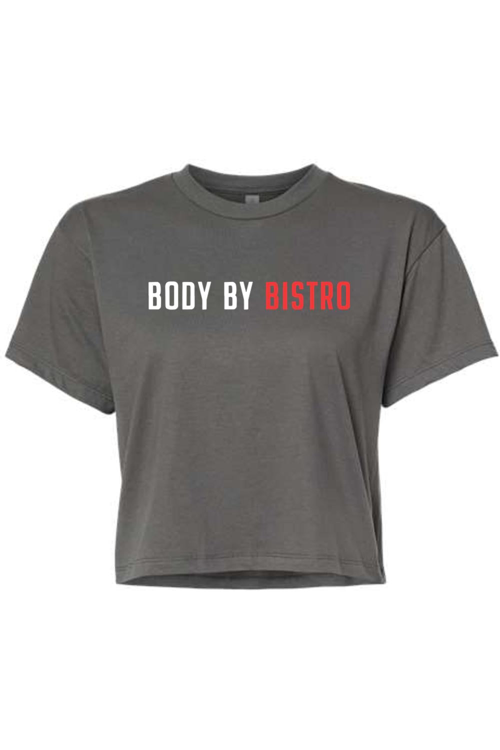 Dark grey cropped cotton tee with Body by Bistro text in white and red lettering.