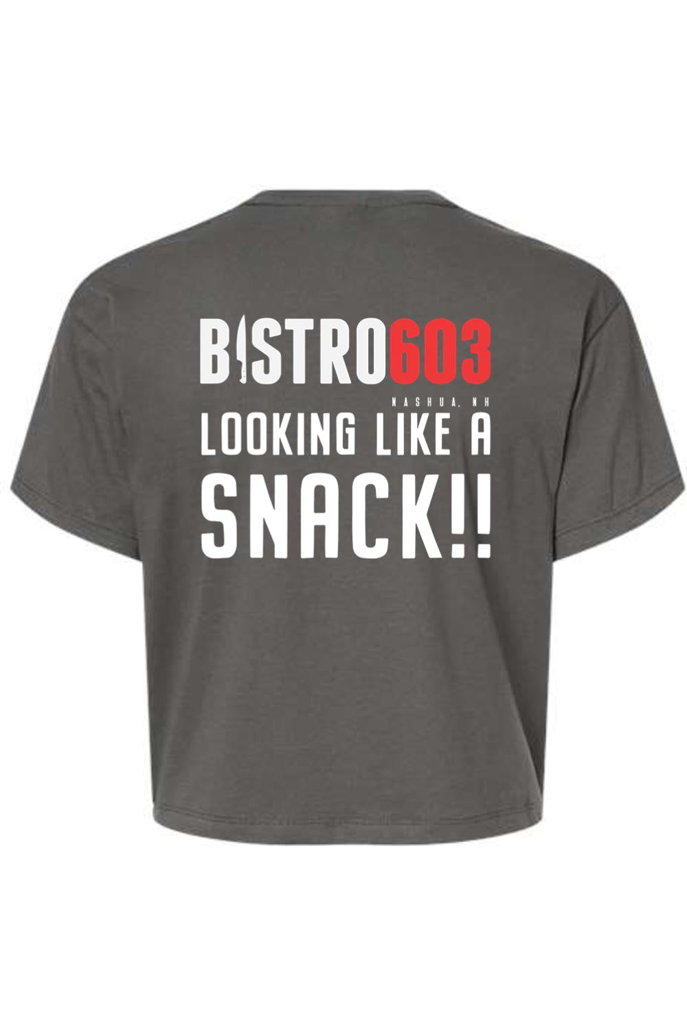 Charcoal grey cropped cotton tee featuring the white and red Bistro603 Looking Like a Snack graphic on the back.